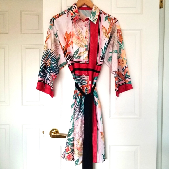 Zara Dresses & Skirts - ⭐HP⭐ZARA Floral Print Button Down Asymmetric Stripes Mini Shirt Dress with Belt